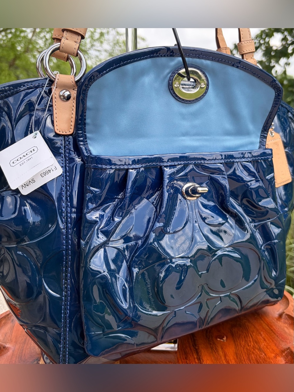 Coach Signature Embossed Leah Navy Patent Leather Tote F14663 - Picture 5 of 17